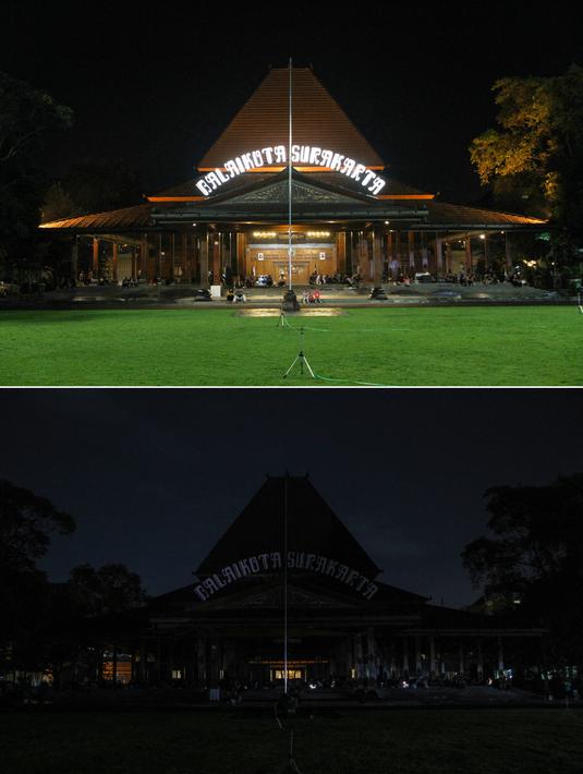 (Kombinasi) Perpaduan foto ini menunjukkan Balai Kota yang diterangi sebelum (atas) dan sesudah (bawah) lampu dipadamkan untuk menandai kampanye lingkungan Earth Hour di Solo pada 25 Maret 2023. (Photo by DIKA / AFP)