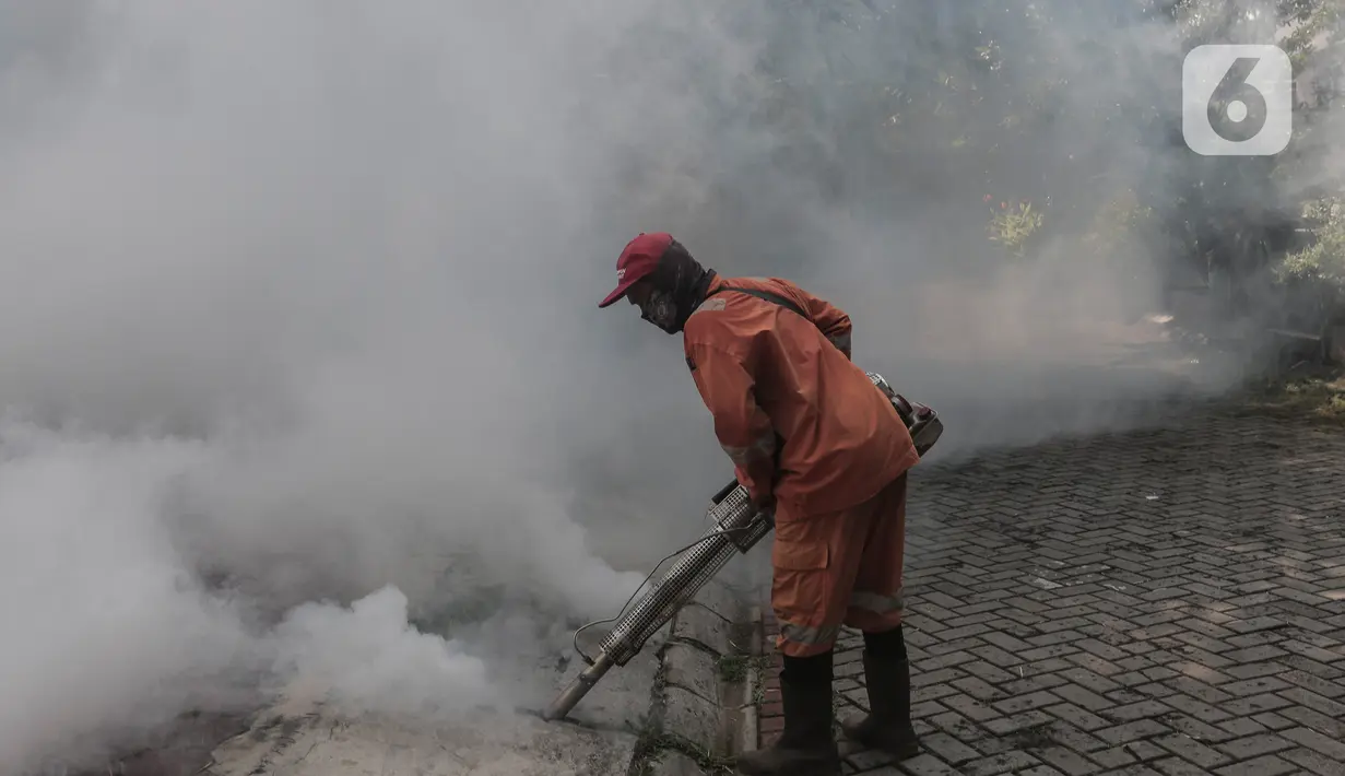 Petugas melakukan pengasapan (fogging) ke bagian selokan kawasan rumah warga, Pesanggrahan, Jakarta, Kamis (6/10/2022). Nyamuk Aedes Aegypti menjadi penyebab penyakit Demam Berdarah Dengue (DBD). (Liputan6.com/Johan Tallo)