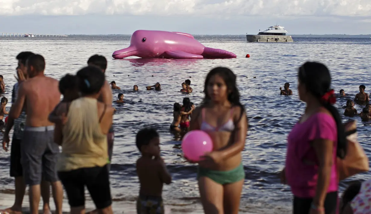 Para wisatawan pantai Ponta Negra tampak mengamati lumba-lumba raksasa pink tersebut, Manaus, Minggu (27/7/14). (REUTERS/Bruno Kelly)