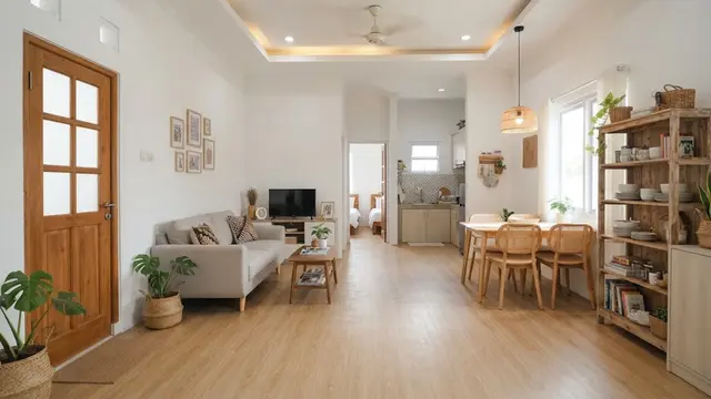 Rumah kecil dengan ruang tamu dan ruang makan menyatu sehingga terlihat elegan untuk hunian KPR dan subsidi model buat jalur tengah tetap terbuka