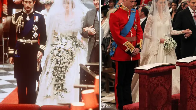 Kombinasi gambar yang memperlihatkan pernikahan Lady Diana, Putri Wales, dengan Pangeran Charles dari Wales di Katedral St Paul di London pada tanggal 29 Juli 1981 dan gambar yang memperlihatkan Kate Middleton berdiri di altar bersama calon suaminya, Pang