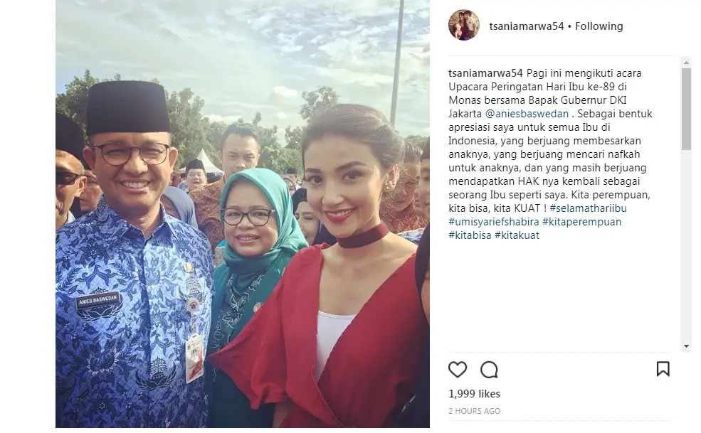 Tsania Marwa berpose dengan Anies Baswedan, Gubernur DKI Jakarta (Foto: Instagram)