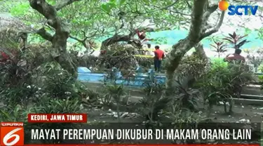 Sesosok jenazah perempuan ditemukan di makam orang lain, di area pemakaman umum Desa Tegowangi, Kediri.