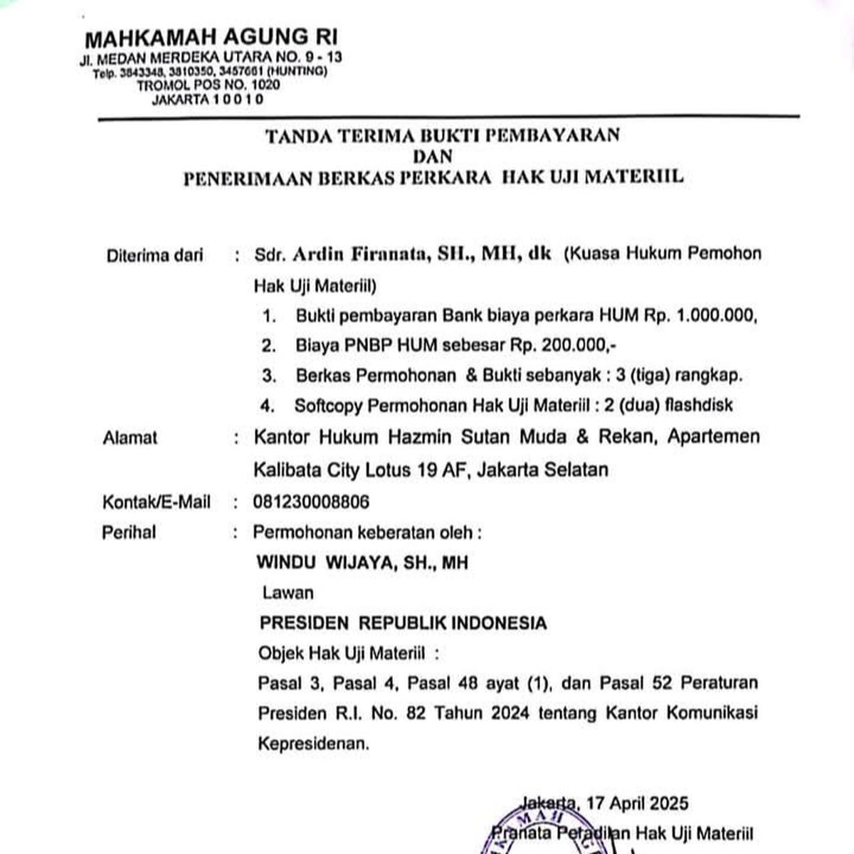 Perpres Kantor Komunikasi Kepresidenan Digugat ke MA