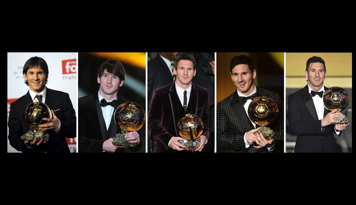 Saat meraih trofi Ballon d'Or untuk yang pertama kalinya pada 2009 hingga yang keempat kalinya pada 2012, ditambah gelar kelima pada 2015, kesemuanya bersama Barcelona, Lionel Messi tampil klimis tanpa kumis. (Kolase Foto AFP)