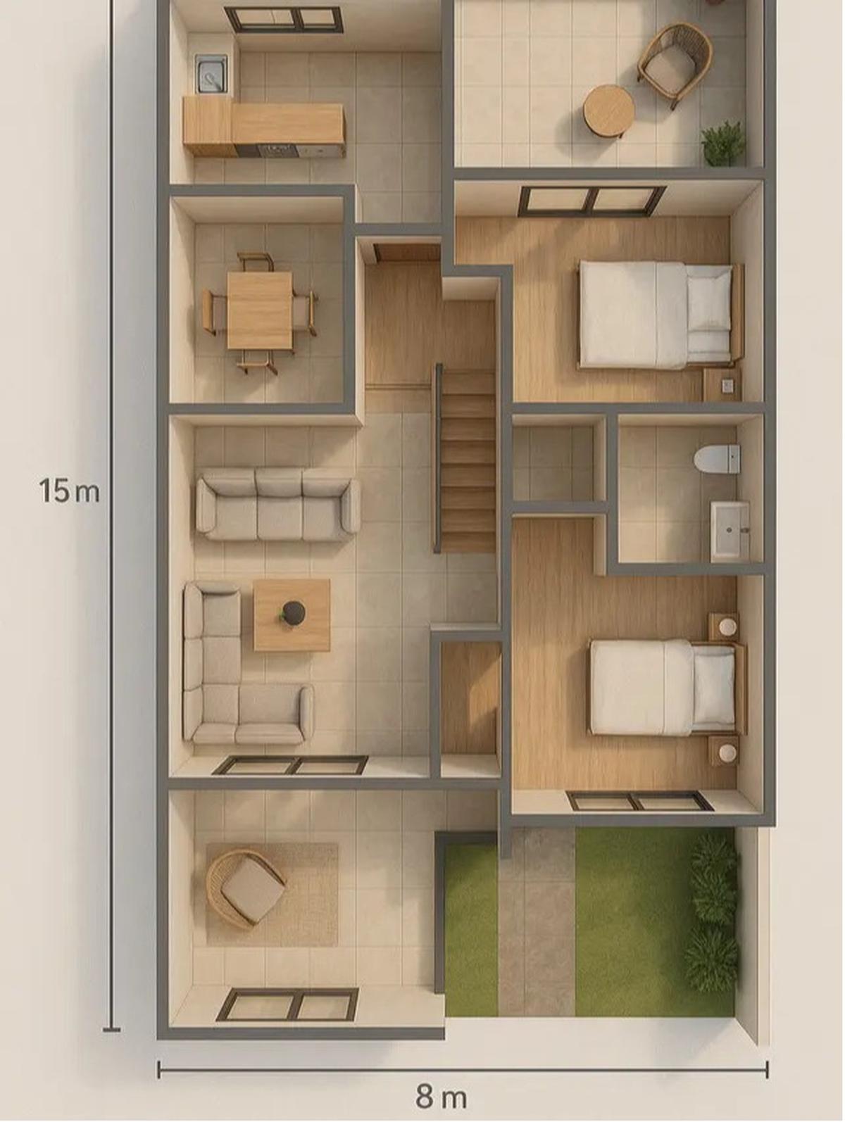 denah rumah mewah ukuran 8x15 / AI Image