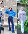 Syahrini tampil stylish dalam balutan kemeja motif dan navy jeans berpola cutbray.