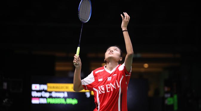 Bilqis Prasista menyumbang poin perdana bagi Indonesia pada Piala Uber 2022 saat bertemu Jepang di penyisihan Grup A usai mengalahkan tunggal putri nomor satu dunia, Akane Yamaguchi (PBSI)