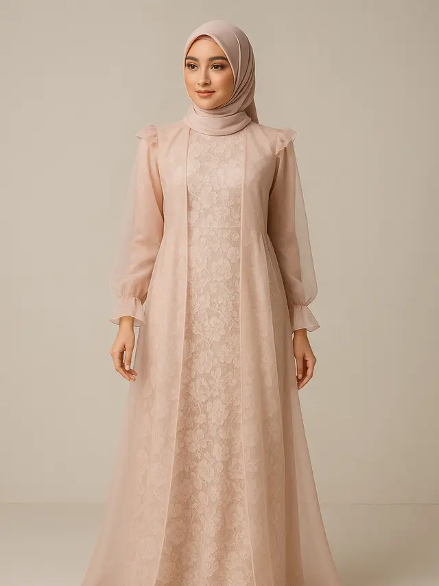 Model Long Dress Brokat Kombinasi Outer Organza Transparan