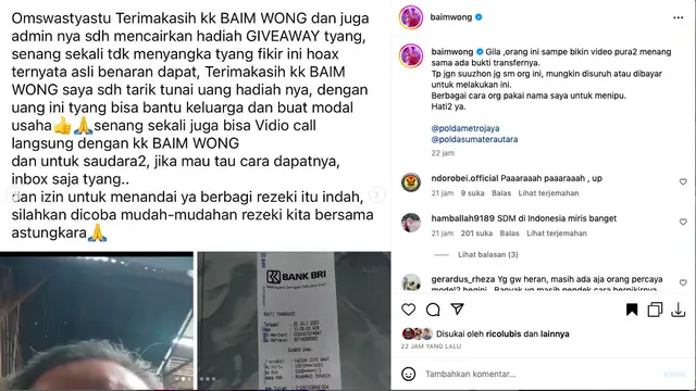 Baim Wong Tak Habis Pikir Penipuan yang Mengatasnamakan Dirinya Sampai Tunjukkan Bukti Transfer Palsu dan Bikin Video Pura-Pura Menang. (instagram.com/baimwong)