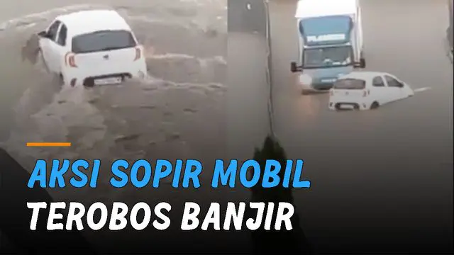 VIDEO: Aksi Jago Sopir Mobil Terobos Banjir dan Hindari Tabrakan dengan Truk