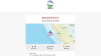 Gempa susulan berkekuatan Magnitudo 5 mengguncang Kepulauan Mentawai, Sumatera Barat (Sumbar). (Foto: BMKG)