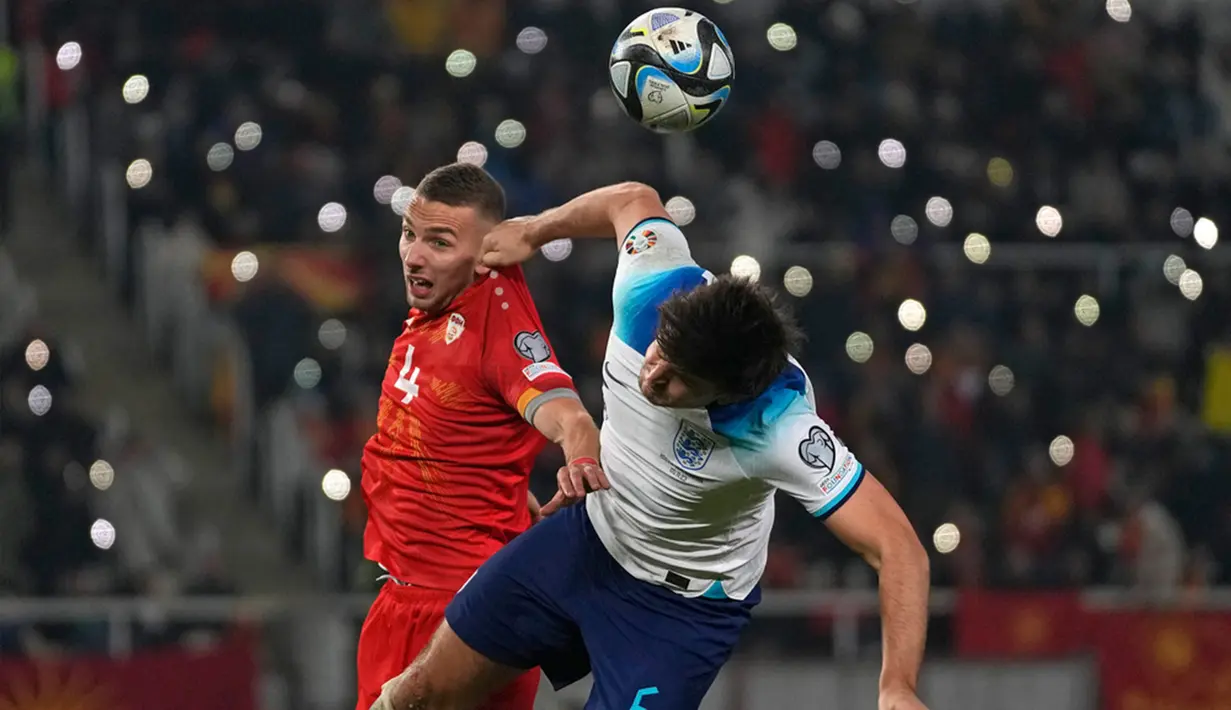 Bertandang ke Tose Proeski Arena, Inggris bermain lepas karena sudah dipastikan lolos ke putaran final Euro 2024. (AP Photo/Darko Vojinovic)