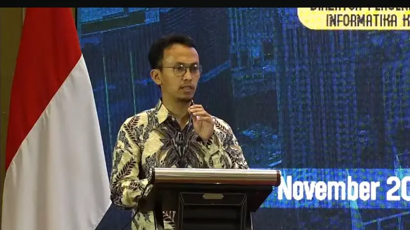 Direktur Pengendalian Aplikasi Informatika Kominfo Teguh Arifiyadi dalam acara PPATK 4th Legal Forum: Urgensi Regulatory Technology and Digital Evidence, di Hotel Sultan, Jakarta, Selasa (7/11/2023). (Tira/Liputan6.com)