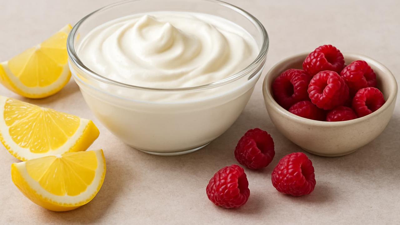 Ilustrasi Greek Yogurt, Lemon, dan Rasberi