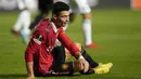 Beberapa peluang didapat saat Manchester United telah unggul 2-1. Di antaranya adalah saat ia menerima umpan Christian Eriksen, namun sepakannya masih melambung tinggi di atas mistar gawang Omonia Nicosia yang dikawal Fabiano. (AP/Petros Karadjias)