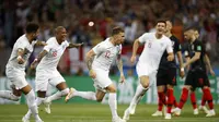 Selebrasi pemain timnas Inggris saat merayakan gol ke gawang Kroasia pada semifinal Piala Dunia 2018 di Stadion Luzhniki, Moskow, Kamis (12/7/2018) dini hari WIB. (AP Photo/Francisco Seco)