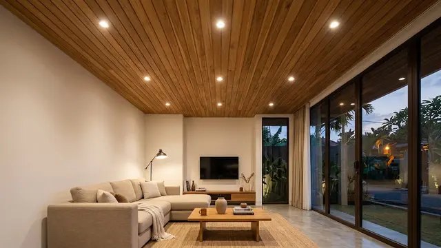Plafon Kayu dengan Lampu Downlight