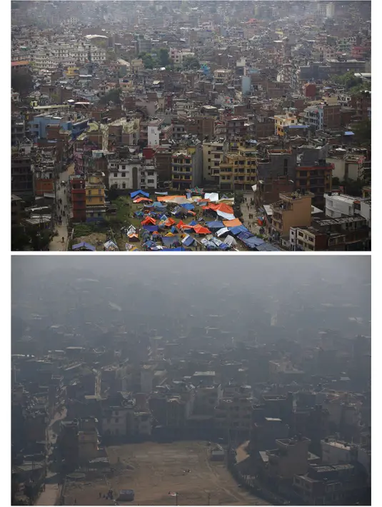 Gambar kombinasi menunjukkan tempat penampungan sementara setelah gempa bumi, 28 April 2015 (atas) dan lokasi yang sama di Kathmandu pada 17 Februari 2016. Gempa pada April dan Mei 2015 menewaskan lebih dari 8.000 orang di Nepal (REUTERS/Navesh Chitrakar)