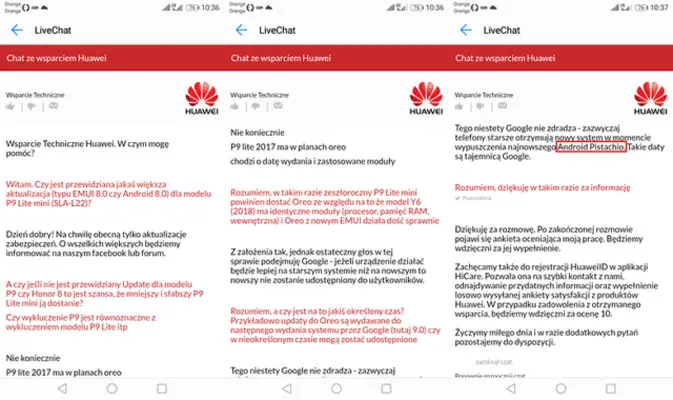 Customer service Huawei di Polandia bocorkan nama Android P. (Doc: Android Headlines)