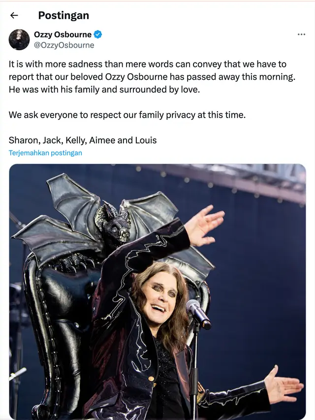 Kabar Ozzy Osbourne meninggal dunia disampaikan pihak keluarga di Twitter atau X. (Foto: Dok. Twitter @OzzyOsbourne)