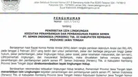 Pengumuman penerbitan izin baru pendirian Semen Rembang. (foto : Liputan6.com / Edhie Prayitno Ige)