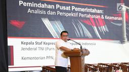 Kepala Staf Kepresidenan, Moeldoko memberi paparan dalam Dialog Nasional II Pembangunan Ibu Kota Negara, di Jakarta, Rabu (26/6/2019). Moeldoko memaparkan terkait kondisi keamanan dan pertahanan Indonesia menghadapi rencana ibu kota dipindahkan ke Kalimantan. (Liputan6.com/Angga Yuniar)