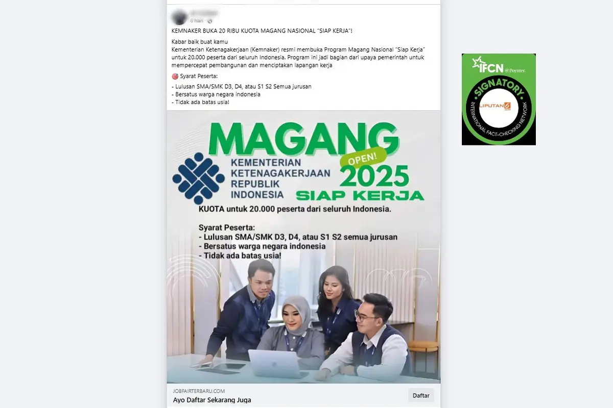 Tangkapan layar klaim link pendaftaran magang Kemnaker 2025 yang beredar di Facebook