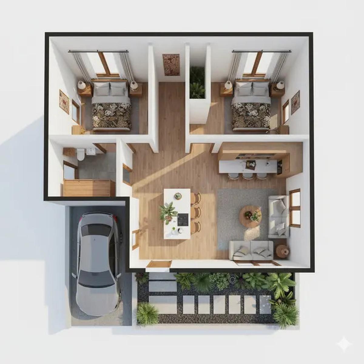 10 Denah Rumah Tipe 36 dengan Carport dan Taman Depan, Minimalis Modern