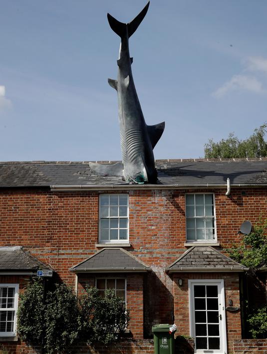 Patung dengan nama Headington Shark tampak menerobos atap rumah di wilayah pinggiran Oxford, Inggris pada 30 April 2019. Patung tersebut lalu ditempatkan di atas atap dengan posisi seolah-olah baru saja jatuh dari langit. (AP Photo/Matt Dunham)
