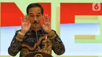 Presiden Joko Widodo memberi sambutan dalam peringatan HUT ke-55 Partai Golkar di Jakarta, Rabu (6/11/2019). HUT ke-55 Partai Golkar mengangkat tema '55 Tahun Partai Golkar Bersatu untuk Negeri Berkarya untuk Bangsa'. (Liputan6.com/JohanTallo)