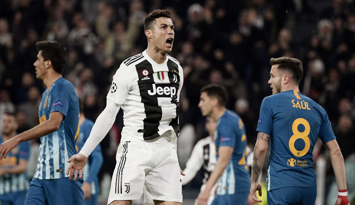 Cristiano Ronaldo. Striker yang kini berseragam Manchester United ini melakukannya 4 kali ke gawang Ajax, Bayern Munchen dan Atletico Madrid. Yang teranyar saat Juventus menang 3-0 atas Atletico Madrid di leg kedua babak 16 besar Liga Champions 2018/2019, 12 Maret 2019. (AFP/Filippo Monteforte)