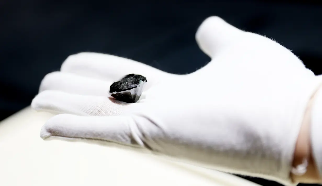 Sebuah berlian hitam berbobot 88 karat dipertunjukkan di Shanghai, China pada 26 Oktober 2020. Dengan nilai diperkirakan mencapai 37 juta dolar AS, berlian dari Paris tersebut akan dipamerkan dalam China International Import Expo (CIIE) ketiga mendatang di Shanghai. (Xinhua/Fang Zhe)
