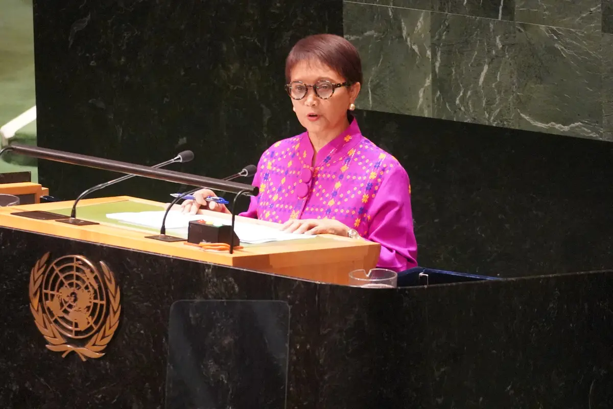 Menlu Retno Marsudi dalam pidatonya di depan Majelis Umum PBB pada Sabtu 23 September 2023 di New York, Amerika Serikat. (Dok Kemlu RI)