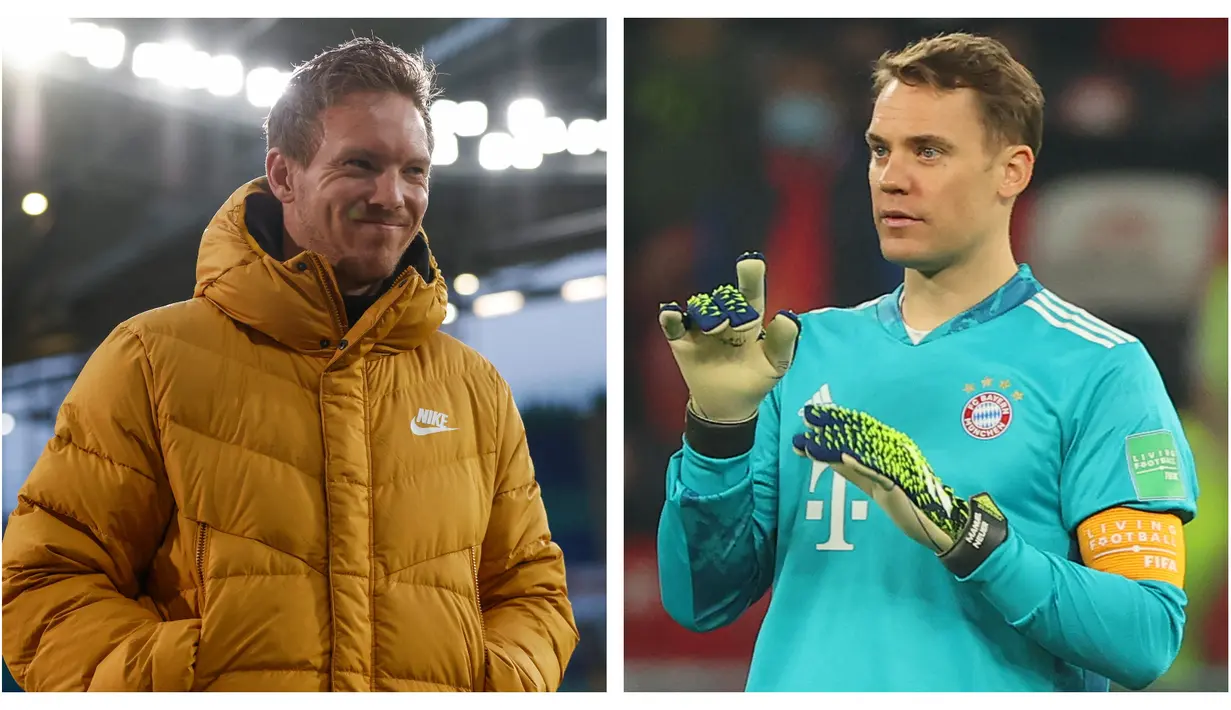Julian Nagelsmann - Manuel Neuer. Julian Nagelsmann berusia 33 tahun saat ditunjuk menjadi manajer Bayern Munich pada musim depan. Ia lebih muda dari kiper Bayern Munich, Manuel Neuer yang telah berusia 35 tahun. (AFP/Odd Andersen/Karim Jaafar)