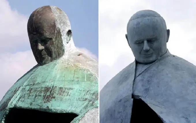 Patung Paus John Paul II sebelum dan sesudah diperbaiki (AP)