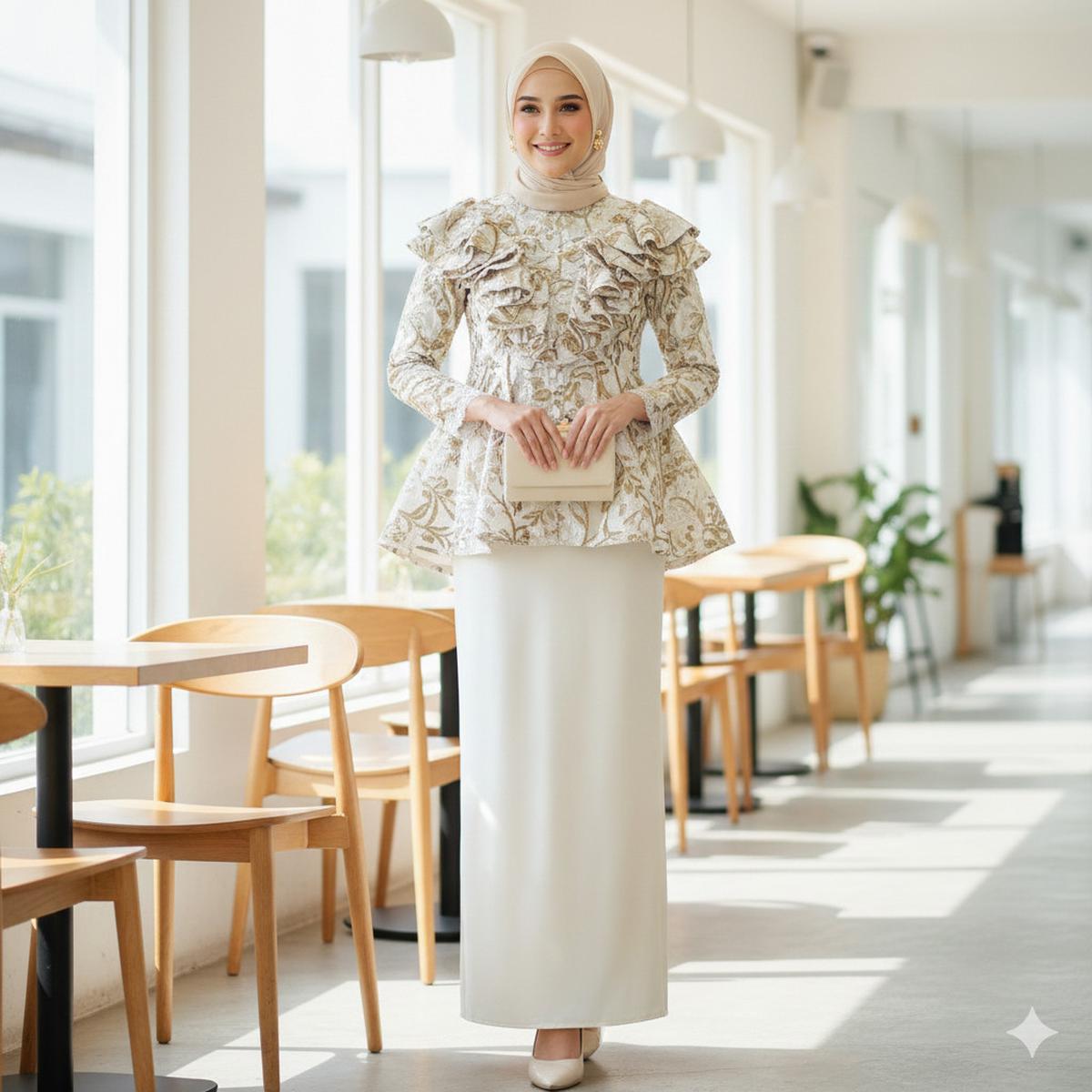 Gamis Brokat Copotan dengan Detail Dada Berlapis
