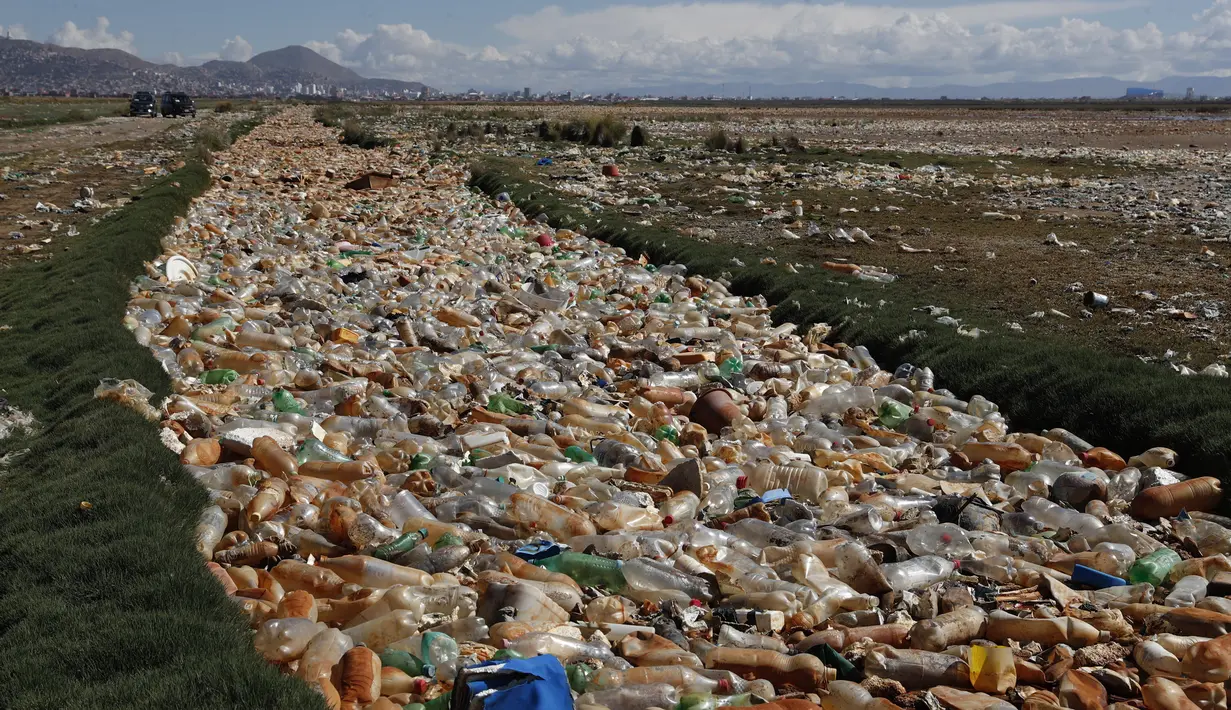 Botol plastik dan sampah mengapung di Sungai Tagaret, yang mengalir ke Danau Uru Uru, dekat Oruro, Bolivia, Kamis (25/3/2021). Sungai ini mengalir ke Danau Uru Uru dengan membawa sampah-sampah yang mencemari danau. (AP Photo / Juan Karita)
