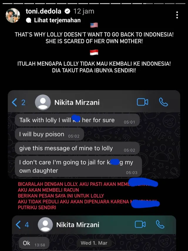 Unggahan Antonio Dedola soal Nikita Mirzani diduga ingin menghabisi Lolly. (Foto: Dok. Instagram @toni.dedola)