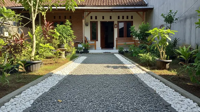 Inspirasi Halaman Rumah dengan Batu Kerikil Putih Model di Jalur Masuk