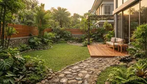 8 Inspirasi Taman dengan Unsur Kayu dan Batu Kali, Kombinasi Alami yang Membuat Rumah Lebih Estetik