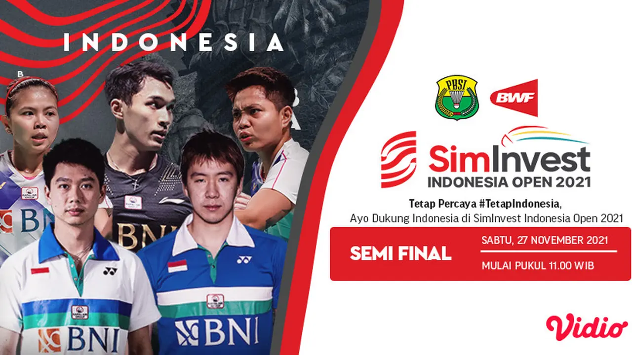 Link Live Streaming Semifinal Indonesia Open 2021 di Vidio, Sabtu 27 November 2021