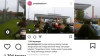 Tangkapan Layar smartphone menunjukkan puluhan pemotor di depan Gerbang Tol Sei Semayang