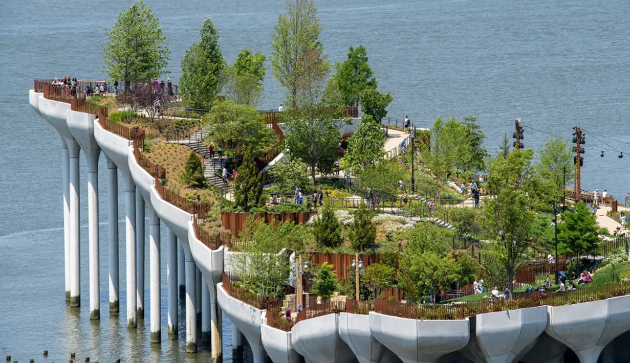 Pemandangan 'Pulau Kecil', taman umum baru dan gratis di Hudson River Park, New York City, Amerika Serikat, 21 Mei 2021. Sebanyak 132 tulip beton besar dipasang pada pilar di tepi Sungai Hudson untuk mengangkat 'Pulau Kecil'. (Angela Weiss/AFP)
