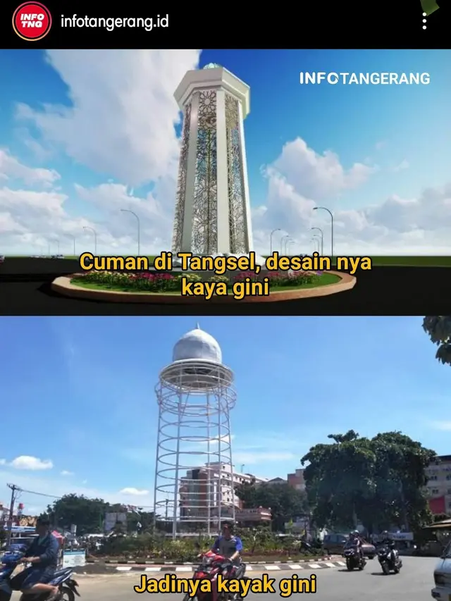 Penampakan desain asli dan hasil pembangunan tugu Pamulang Tangsel