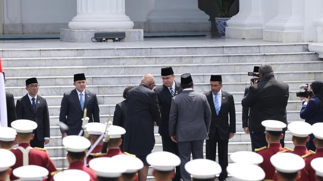 Wakil Menteri Komunikasi dan Digital (Wamen Komdigi) Angga Raka Prabowo menjadi salah satu delegasi yang mendampingi Presiden Prabowo Subianto menyambut Perdana Menteri (PM) Republik Fiji Sitiveni Rabuka di Istana Merdeka Jakarta, Kamis (24/4/2025).