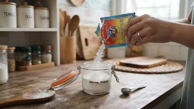 Memindahkan Baking Powder ke Wadah Kedap Udara