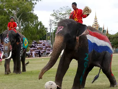 Jelang perhelatan Piala Dunia 2014 di Brasil, sekumpulan gajah berlaga melawan beberapa siswa sekolah di provinsi Ayutthaya, Thailand, (9/6/2014). (REUTERS/Chaiwat Subprasom)