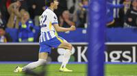Selebrasi&nbsp;Kaoru Mitoma&nbsp;dalam laga Premier League antara Brighton vs Liverpool, Selasa (20/5/2025). (AP Photo/Ian Walton)