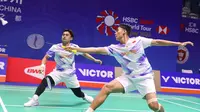 Ganda putra Indonesia Leo Rolly Carnando/Bagas Maulana melangkah ke babak 16 besar China Open 2024. Leo/Bagas mengalahkan Kenya Mitsuhashi/Hiroki Okamura dari Jepang.21-13 dan 21-14 di Olympic Sports Center Gymnasium, Rabu (18/9/2024). (foto: PP PBSI)